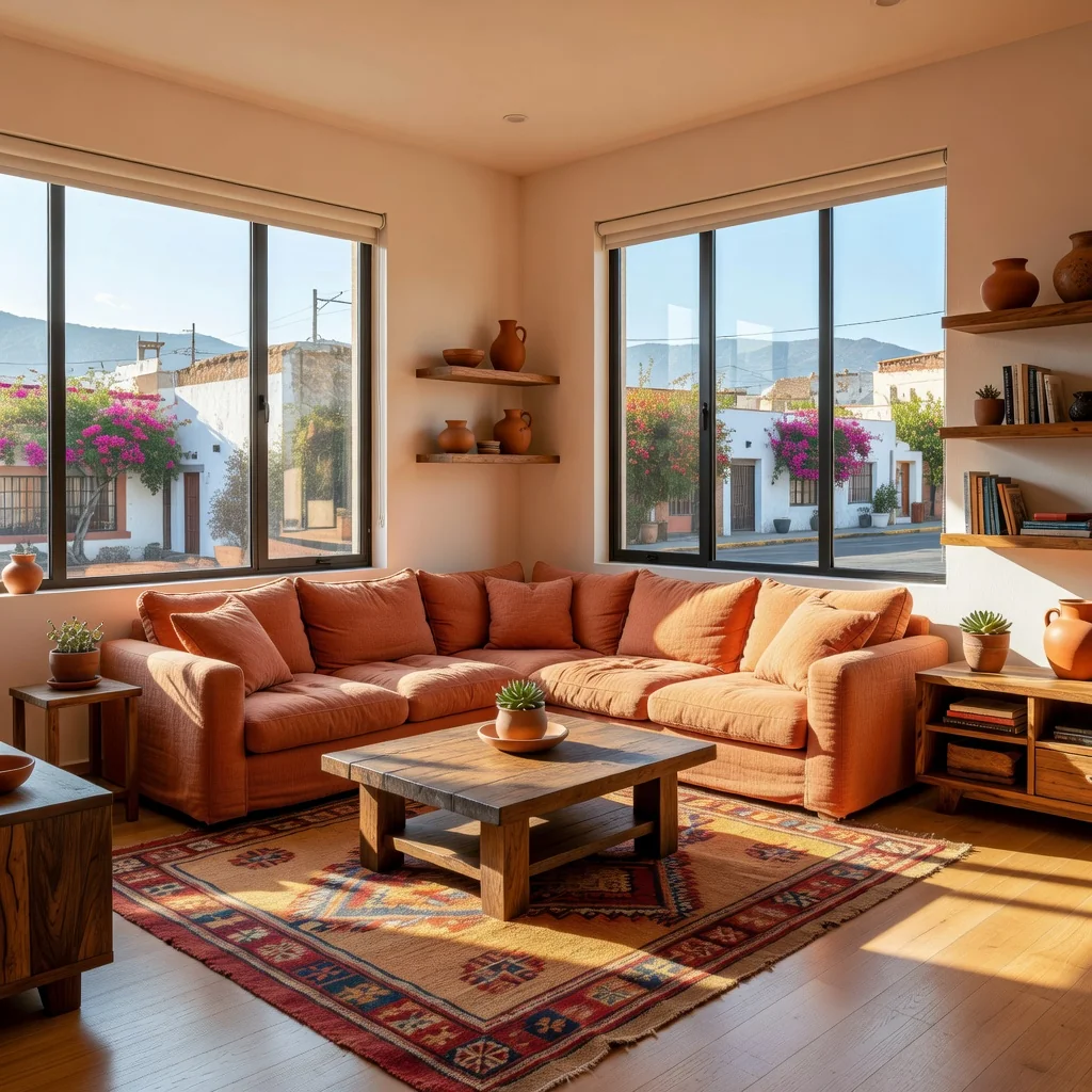 A photorealistic image depicting a welcoming modern apartment in Mexico, showcasing a comfortable living room with natural light, a cozy sofa, and subtle Mexican cultural elements like colorful textiles, symbolizing the security and comfort of a housing rental agreement. No people or children are present.