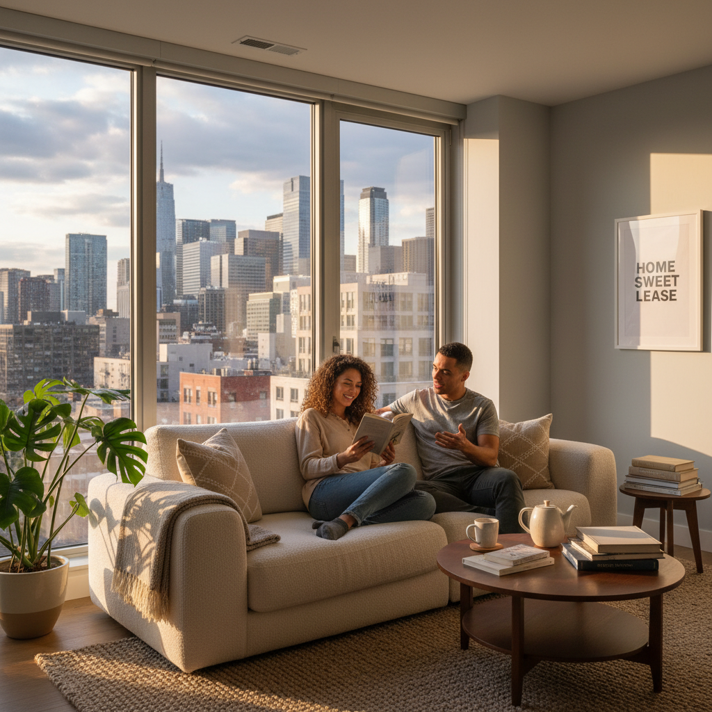 A photorealistic image depicting a peaceful residential living room in a rented apartment, with two adults relaxing comfortably on a sofa, a window showing a city view outside, symbolizing the rights and obligations in a residential lease agreement. No children are present in the scene.