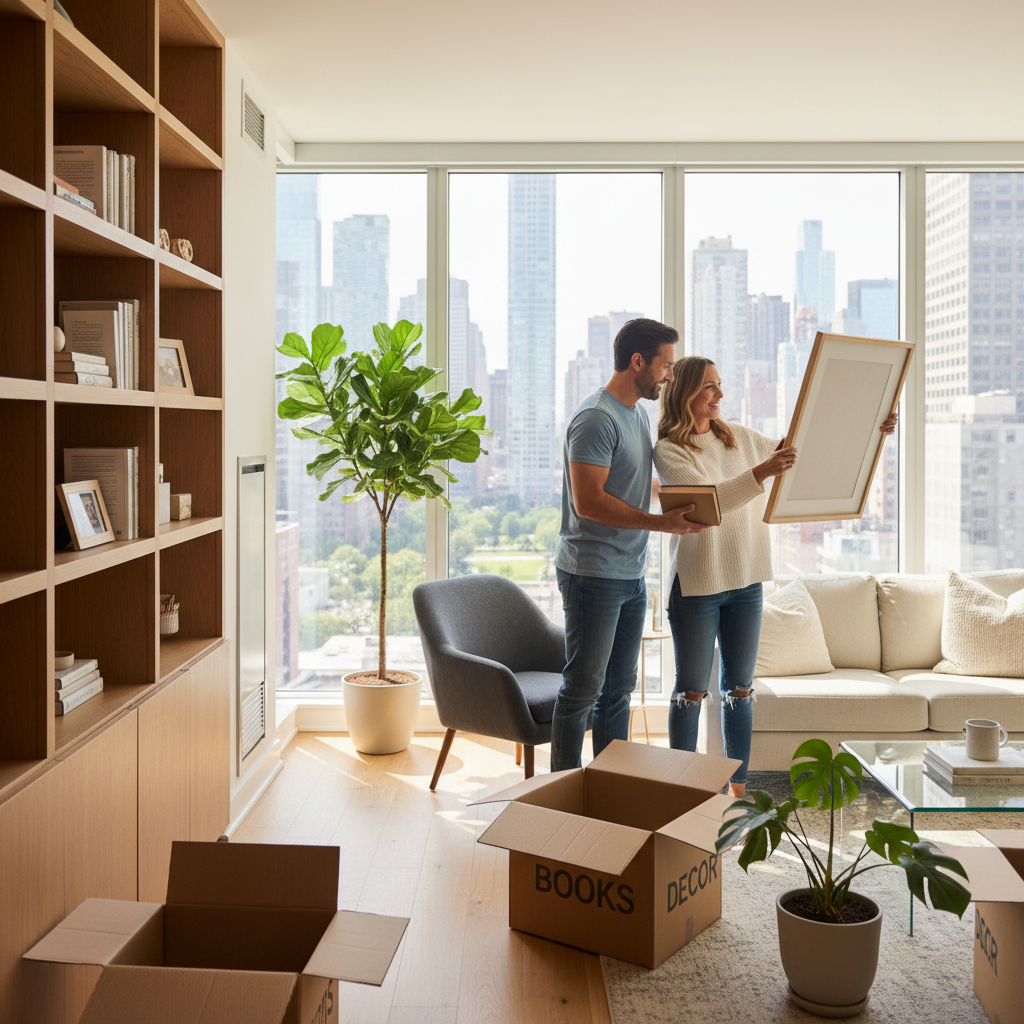 A photorealistic image of a happy adult couple moving into a cozy modern apartment, unpacking boxes in a bright living room with large windows overlooking a cityscape, symbolizing the start of a new residential rental agreement.
