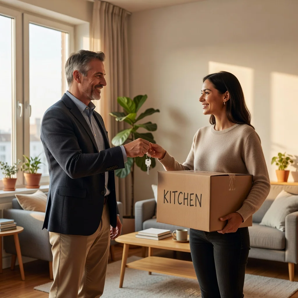 A photorealistic image depicting a harmonious landlord-tenant relationship in a residential rental setting, showing an adult tenant happily moving into a cozy apartment with the landlord handing over keys, emphasizing trust and agreement in housing rental, no children present.