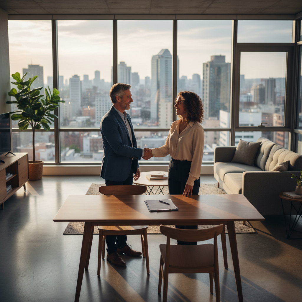A photorealistic image depicting a professional adult landlord and tenant shaking hands in a modern apartment living room during a rental agreement signing, symbolizing the purpose of a residential lease document. The scene conveys trust, agreement, and home rental without showing any legal papers. No children are present.