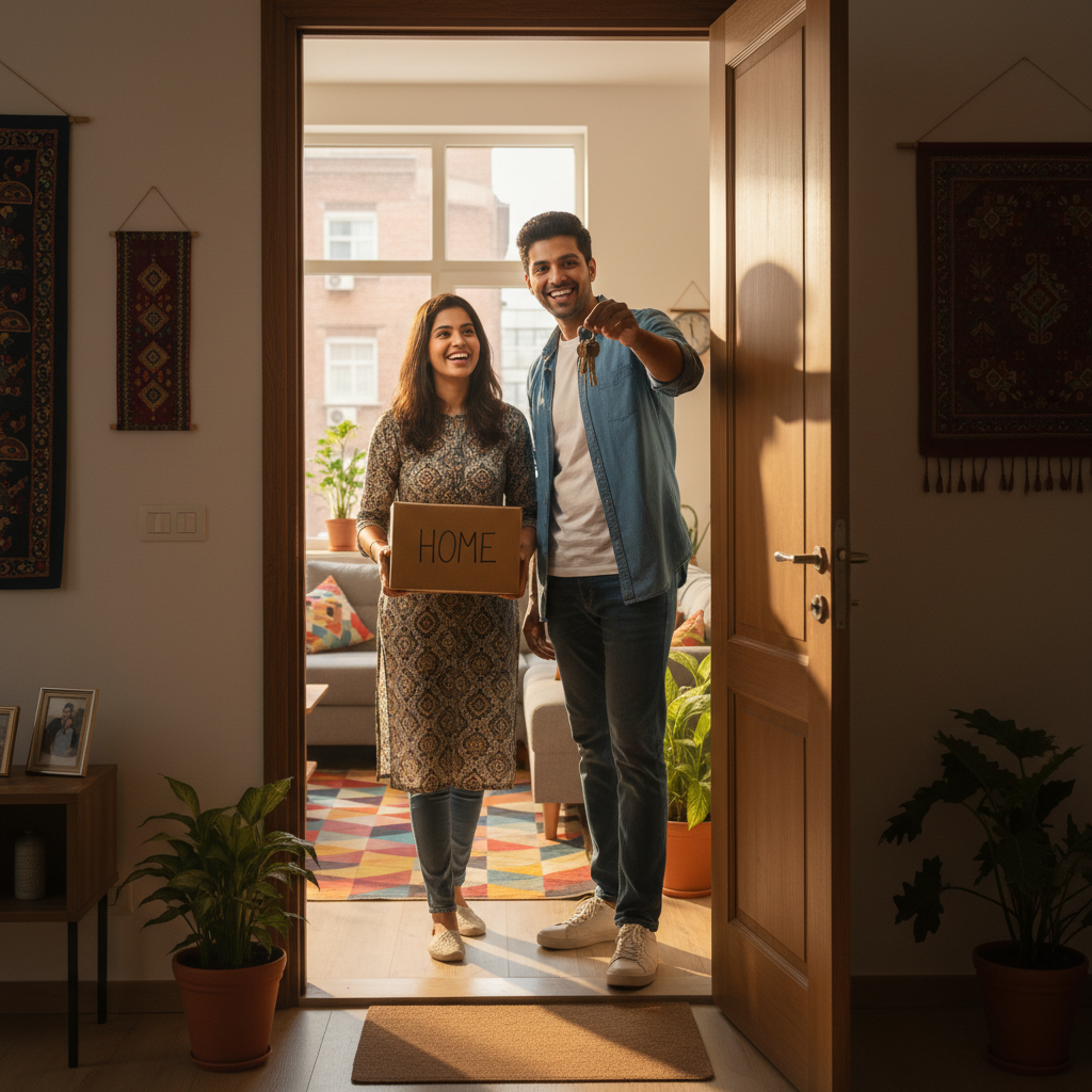 A photorealistic image of a young adult couple in their mid-20s, an Indian man and woman, smiling happily as they enter a cozy modern apartment in an urban Indian setting, holding house keys and a small moving box, symbolizing the excitement of renting a new home in India. The scene captures the joy of starting a new chapter with a rental agreement, with warm lighting and detailed realistic textures.