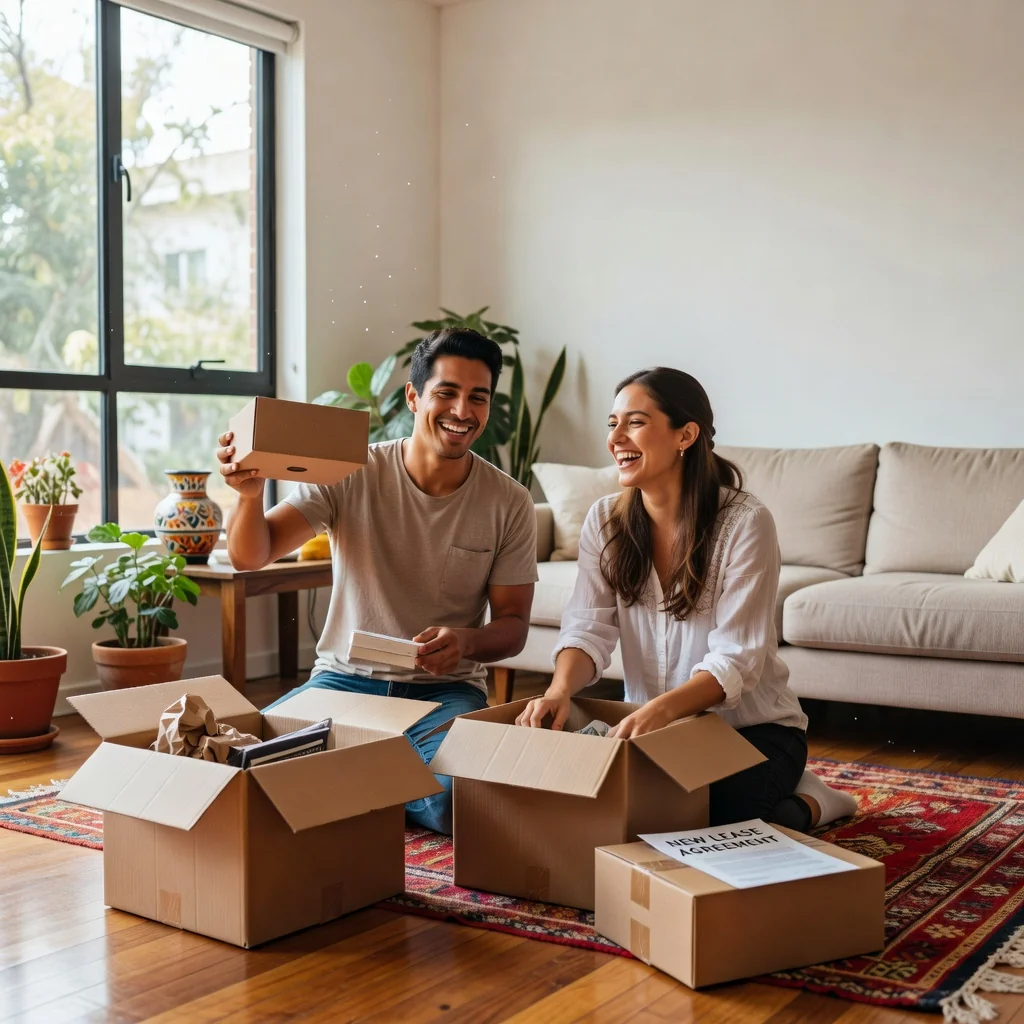 A photorealistic image of a young adult couple happily moving into a cozy modern apartment in Mexico, unpacking boxes and arranging furniture in a sunlit living room with subtle Mexican cultural elements like colorful textiles in the background, symbolizing the excitement of starting a new rental home. No children are present in the scene.