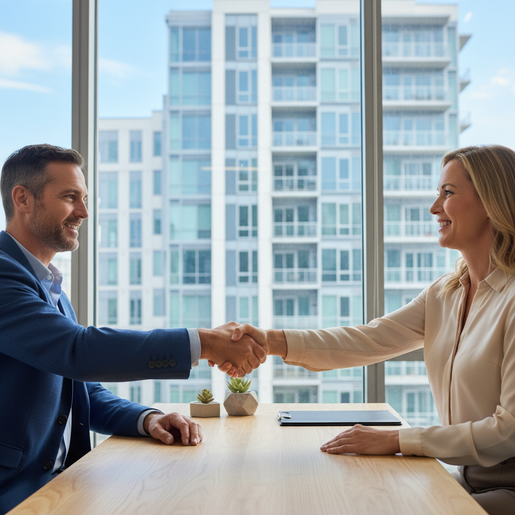 A photorealistic image of two adult professionals shaking hands in a modern office setting, symbolizing the agreement in a residential lease contract, with a subtle background hint of an apartment building visible through a window, conveying trust and legal formality without showing any documents.