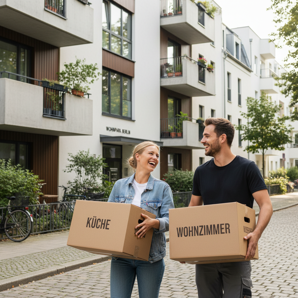 A photorealistic image depicting a young professional couple happily moving into a modern apartment in Germany, carrying boxes and smiling at each other in front of the building entrance, symbolizing the excitement of starting a new rental agreement without focusing on any documents.