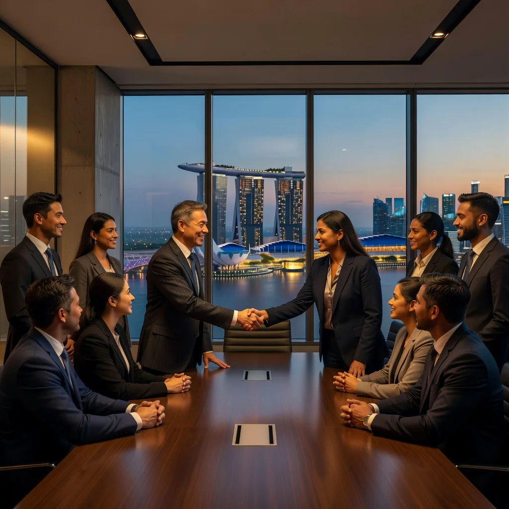 A photorealistic image depicting a professional business meeting in a modern Singapore office, with adults shaking hands over a table, symbolizing the agreement and partnership in tenancy for corporate purposes, with subtle Singapore skyline in the background through large windows, no children present.