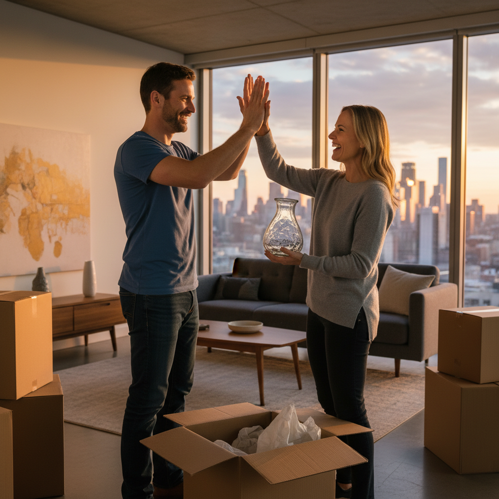 A photorealistic image of a happy adult couple moving into a modern apartment, unpacking boxes in a cozy living room with large windows showing a cityscape outside, symbolizing the excitement of starting a new rental home in the United States.
