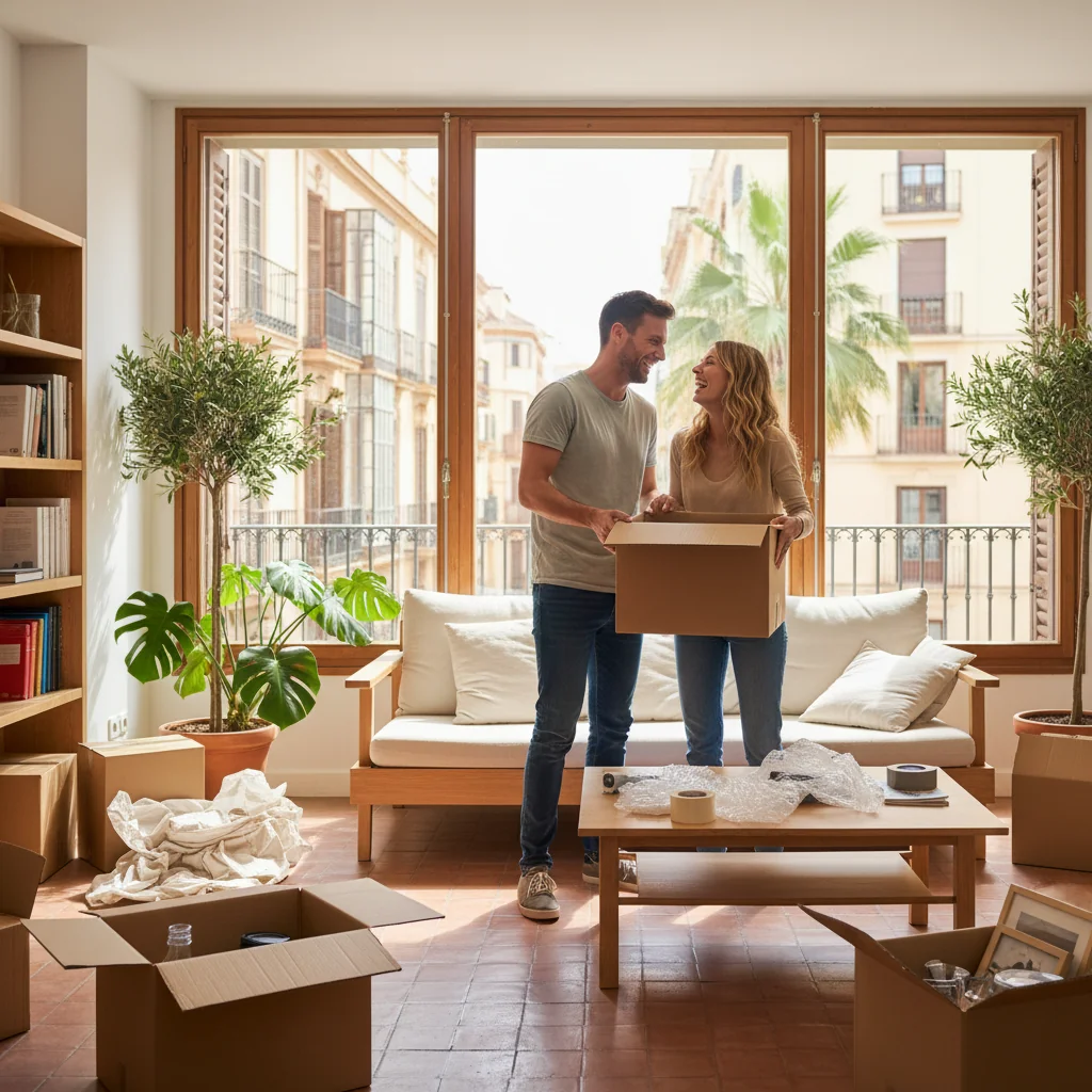 A photorealistic image of a happy adult couple moving into a modern Spanish apartment, unpacking boxes in a sunny living room with typical Spanish architecture elements like tiled floors and large windows overlooking a balcony, symbolizing the start of a new rental home without focusing on any documents.