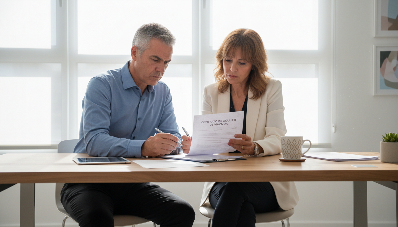 Adults signing lease agreement in office