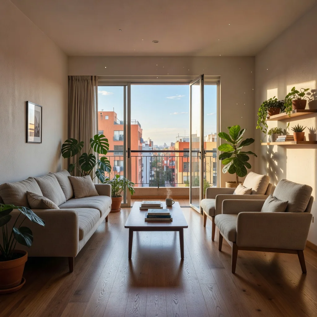 A photorealistic image of a modern Mexican apartment interior, showing a comfortable living room with natural light streaming in through large windows overlooking a cityscape, symbolizing the essence of residential leasing without focusing on documents or people.
