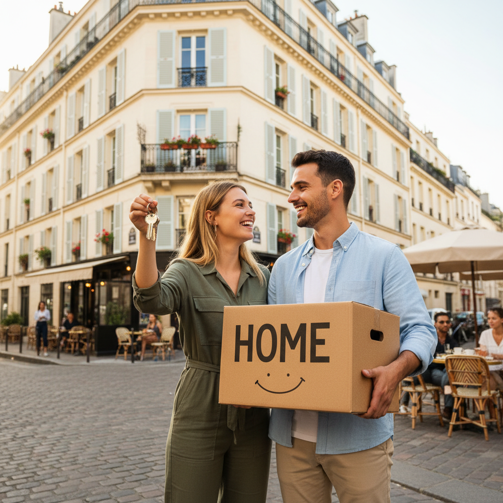 A photorealistic image depicting a young adult couple happily moving into a modern apartment in France, with one of them holding a set of keys while the other carries a moving box, standing in front of a charming French building with balconies and shutters, evoking the excitement of starting a new home rental.