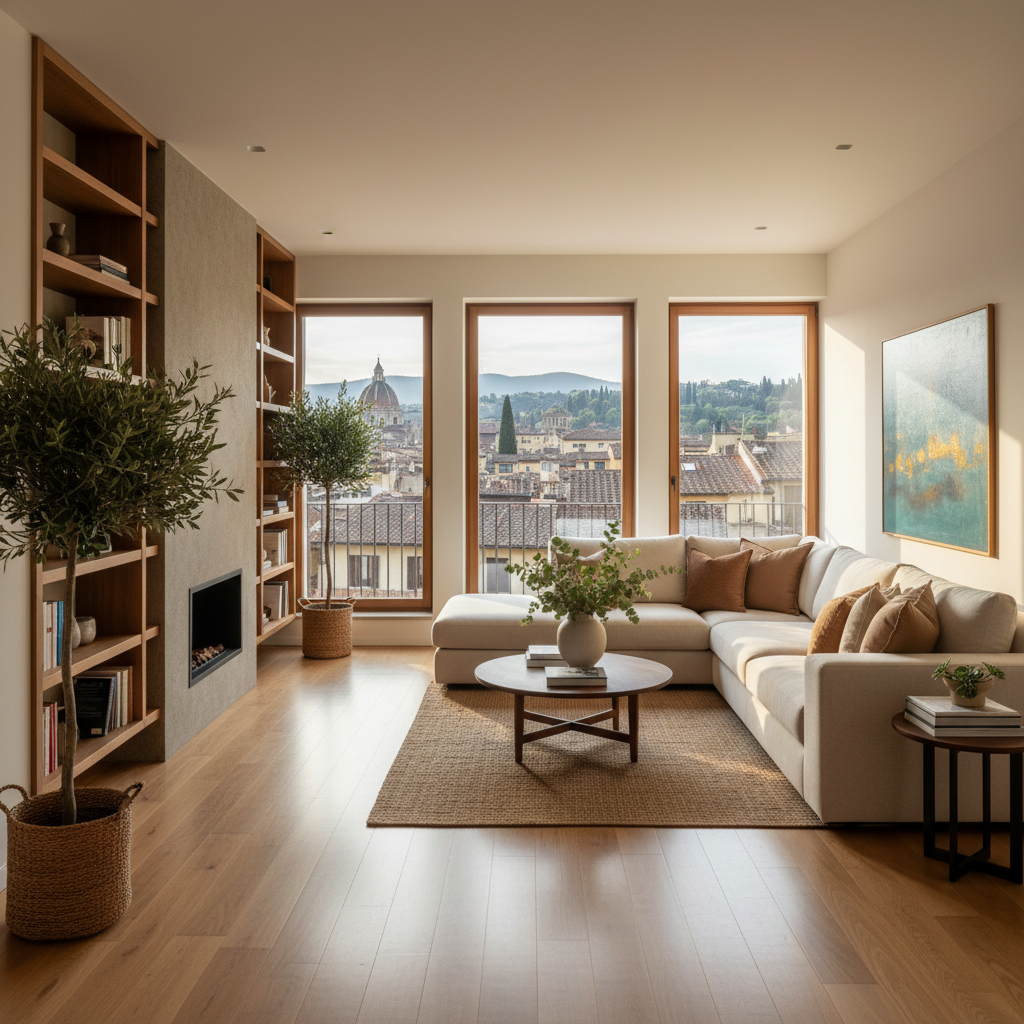 A photorealistic image of a cozy modern apartment interior in Italy, featuring comfortable living room furniture, large windows with views of Italian cityscape or countryside, warm lighting, and subtle decorative elements like plants and bookshelves, evoking the comfort and security of residential living.
