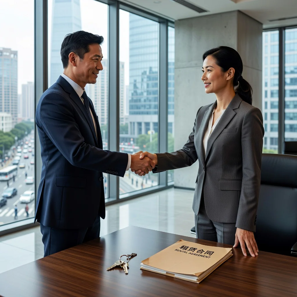 A photorealistic image depicting a professional business handshake between two adults in a modern Chinese office setting, symbolizing the agreement and partnership involved in a house rental contract for corporate purposes in China. The scene includes elements like a city skyline view from the window and subtle rental-related props such as keys on a desk, but no actual documents. No children are present.