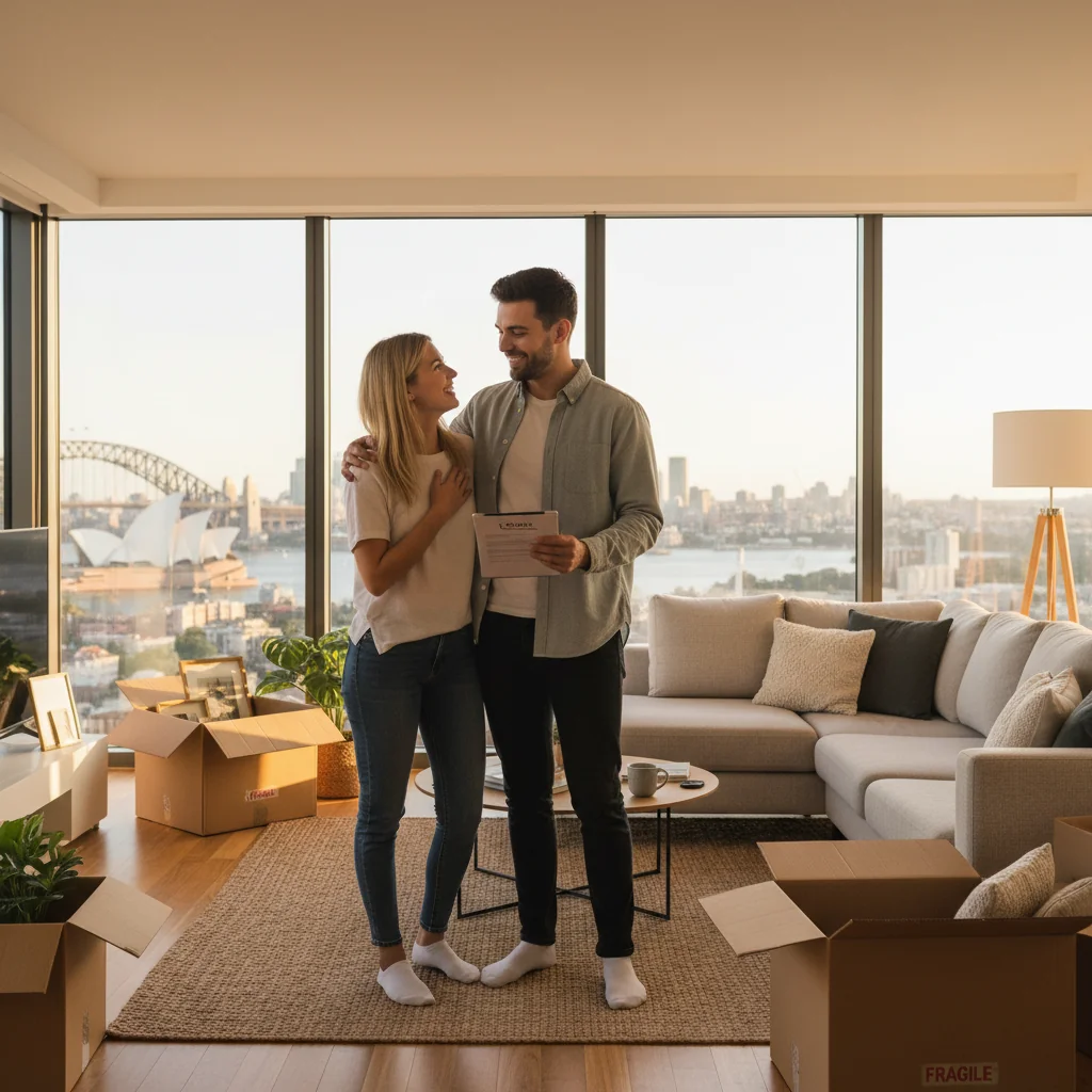 A photorealistic image of a young adult Australian couple in a modern, sunny apartment, smiling happily as they unpack boxes and arrange furniture, symbolizing the joy of renewing a residential lease and continuing their comfortable home life in Australia.