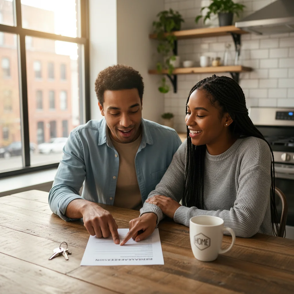 A photorealistic image depicting a mature adult couple in their mid-30s, happily discussing and signing a rental agreement for their apartment, seated at a kitchen table in a modern, cozy living room with large windows showing a city view outside. The focus is on their positive interaction symbolizing the extension of a housing lease, with subtle elements like a calendar marked with a future date and house keys on the table, conveying security and commitment in tenancy without showing any legal documents directly.