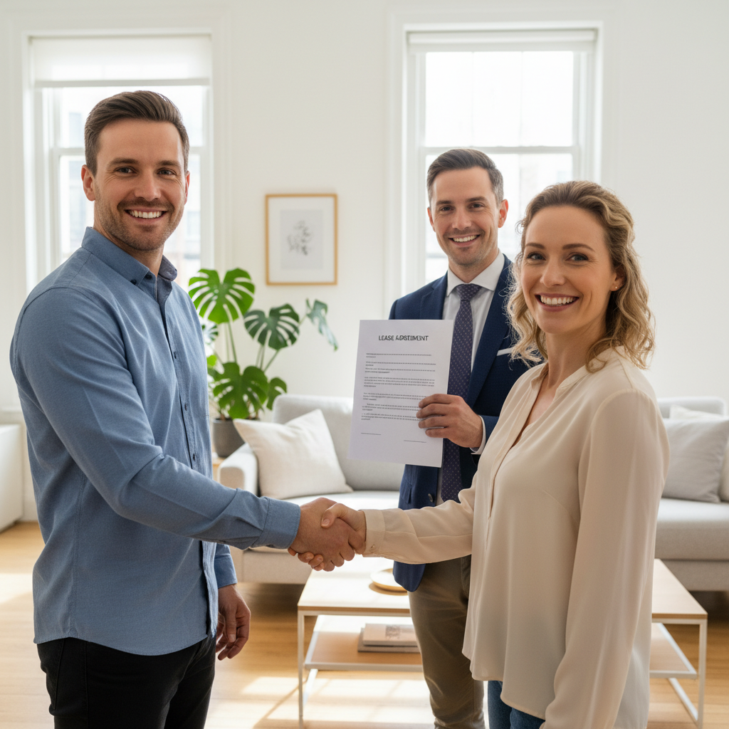A photorealistic image of a happy adult couple in their mid-30s, standing together in a modern, sunlit apartment living room, shaking hands with a professional real estate agent holding a lease agreement. The scene conveys a sense of renewal and agreement, with the apartment's cozy interior visible in the background, including comfortable furniture and large windows showing a city view. No children are present in the image.