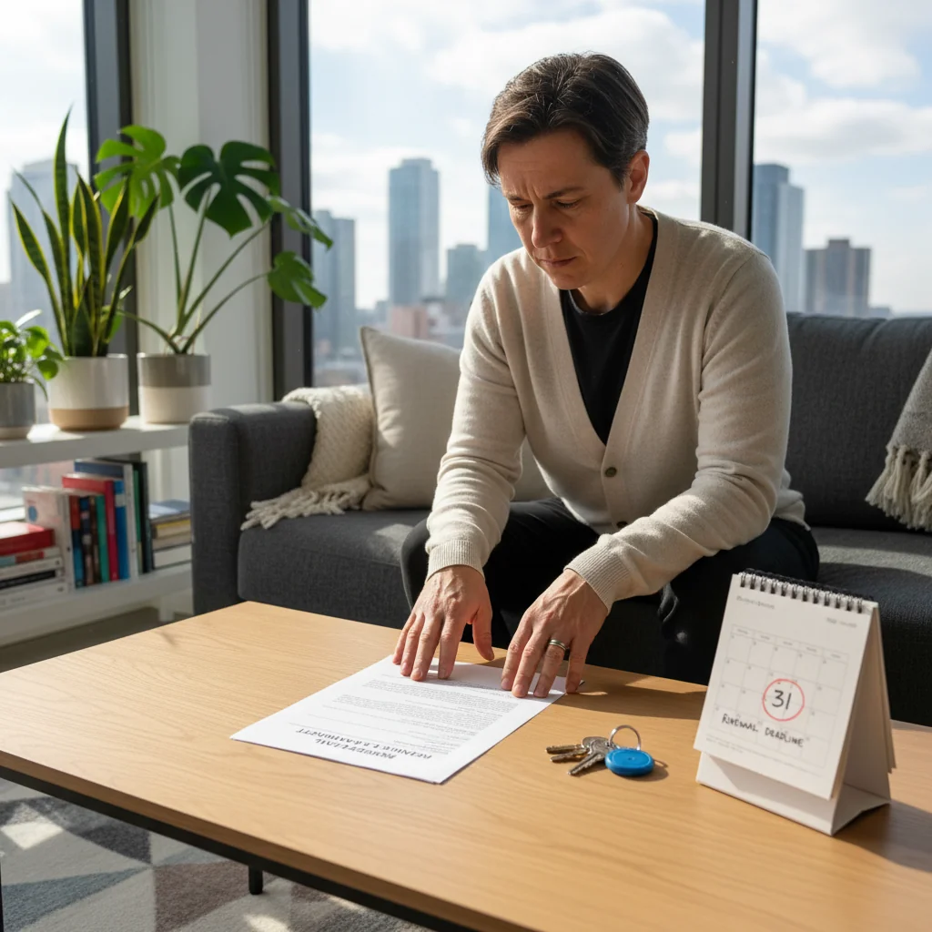 A photorealistic image depicting an adult tenant in a modern apartment, reviewing a rental lease agreement on a table with keys and a calendar nearby, symbolizing the renewal process of a residential lease without focusing on the document itself.