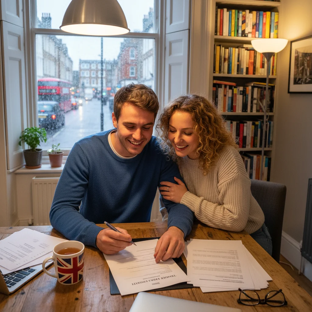 A photorealistic image of a young adult couple in a modern UK apartment, smiling as they discuss and sign a tenancy agreement on a table with tea cups and a view of a London street outside the window, symbolizing the renewal of their home lease.
