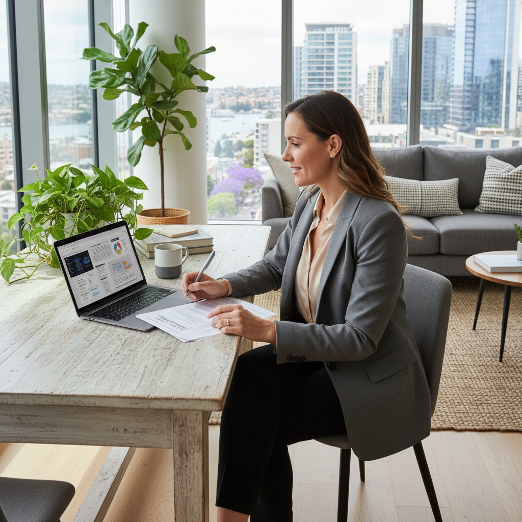 A photorealistic image of a confident adult professional woman in her 30s, sitting at a modern kitchen table in a cozy Australian apartment, reviewing lease renewal options on her laptop with a thoughtful expression, surrounded by subtle home elements like a potted plant and city view window, symbolizing negotiation and home stability in Australia.