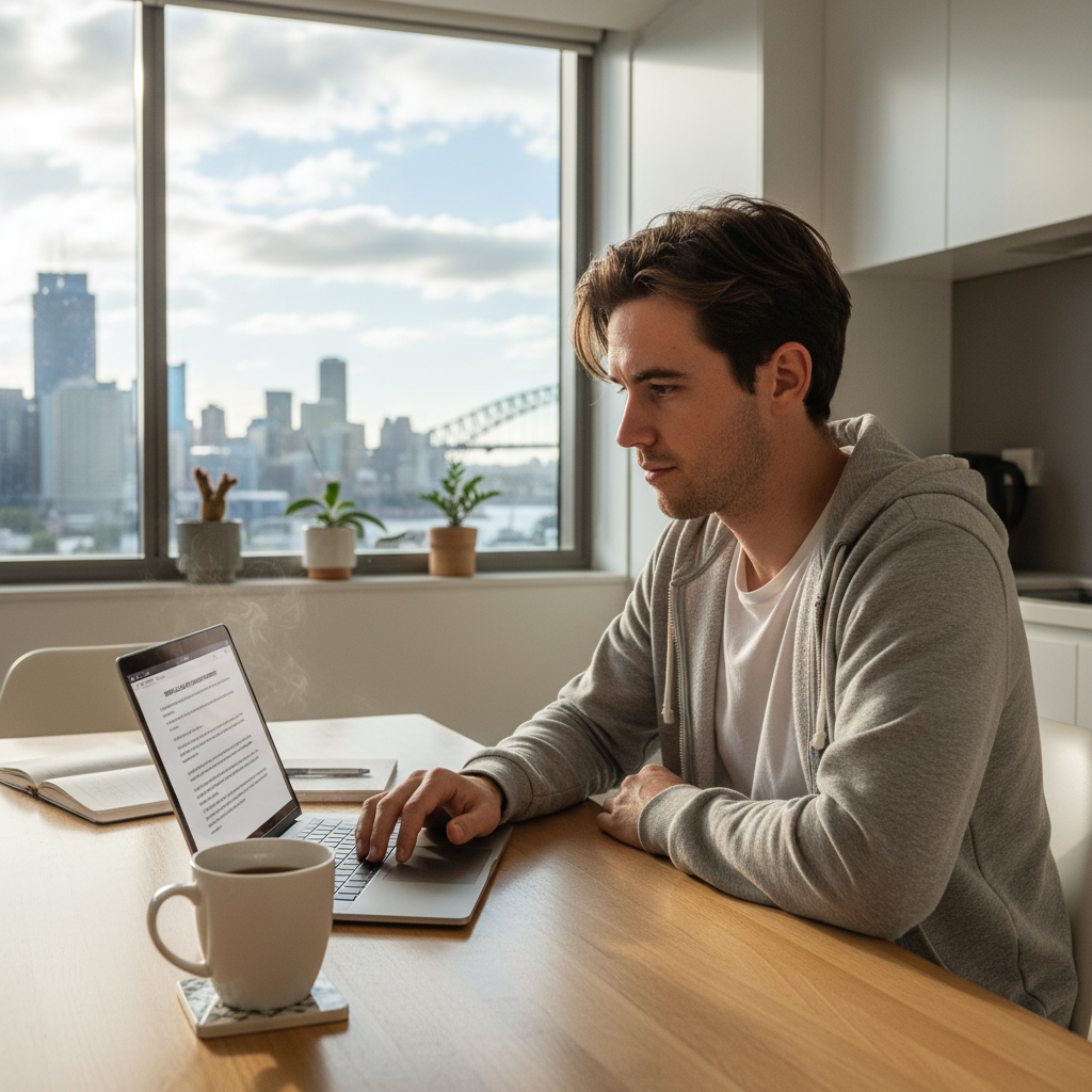 A photorealistic image of a young adult Australian tenant in a modern apartment, thoughtfully reviewing lease renewal options on a laptop while holding a cup of coffee, with subtle Australian cityscape visible through the window, conveying a sense of careful decision-making and home stability without focusing on documents.