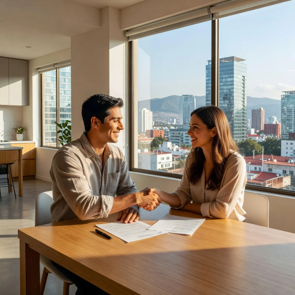 A photorealistic image of a young adult couple in their modern Mexican apartment, happily discussing and signing a lease renewal agreement at a kitchen table with rental documents, surrounded by home elements like plants and city view from window, evoking security and satisfaction in residential renting.