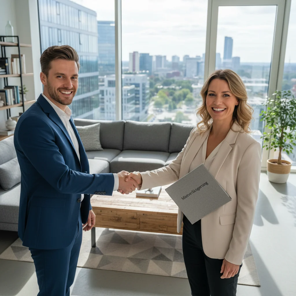 A photorealistic image of two adult roommates in a modern apartment, shaking hands amicably over a table with a simple lease extension agreement in the background, symbolizing a smooth and error-free rental renewal process. The focus is on the positive interaction and comfortable living space, with warm lighting and realistic details.