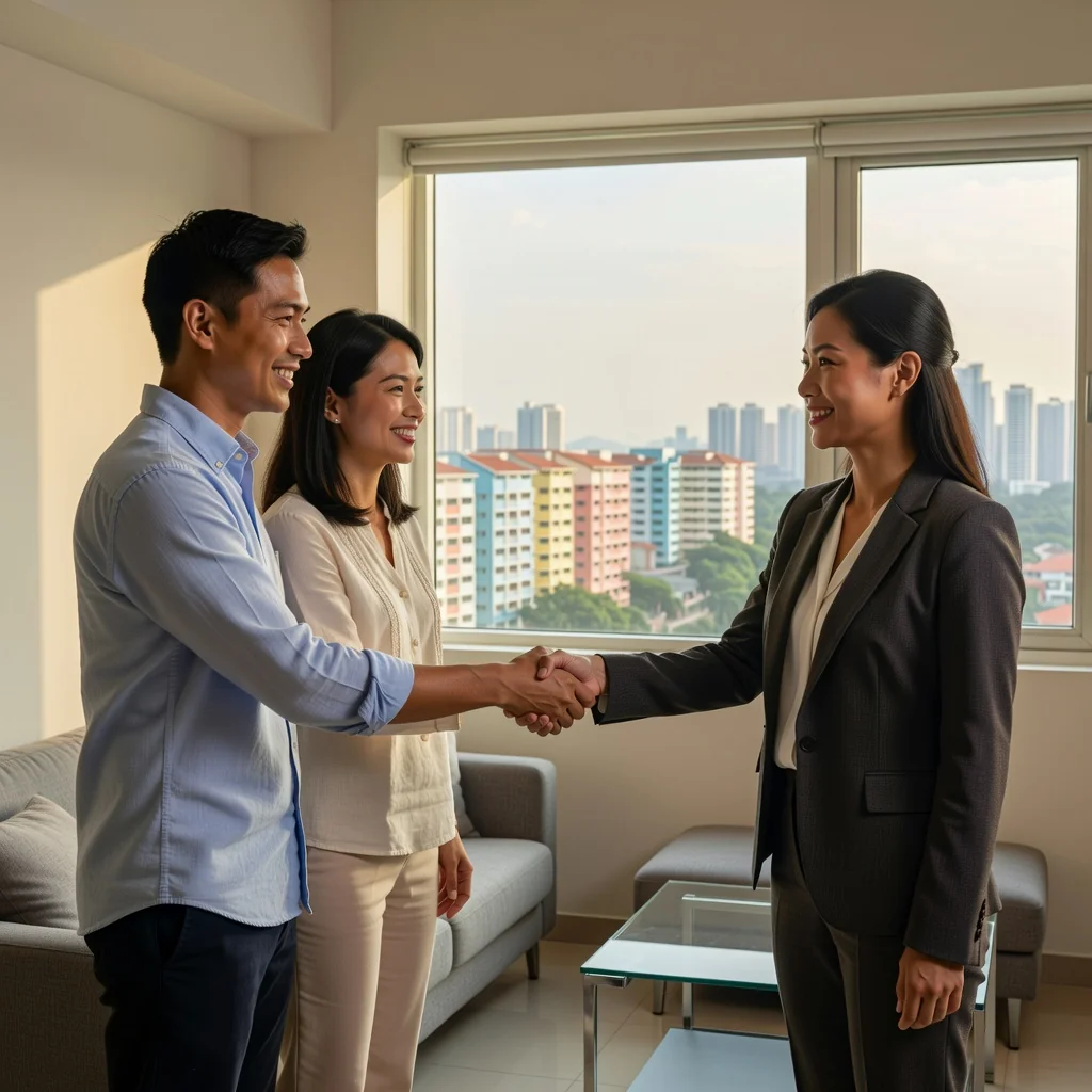 A photorealistic image of a satisfied adult couple in their 30s, standing together in a modern Singaporean apartment, smiling as they shake hands with a professional real estate agent, symbolizing the successful renewal of their tenancy agreement. The scene captures the comfort and security of home extension, with subtle Singaporean elements like a view of HDB blocks in the background, no children present.