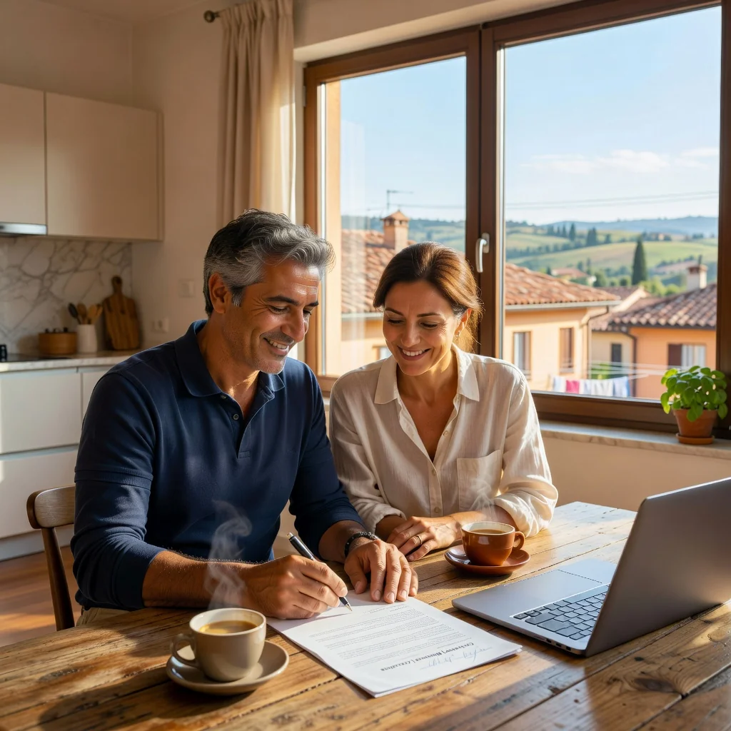 A photorealistic image of a middle-aged Italian couple in a modern apartment in Italy, happily signing a lease renewal agreement at a wooden kitchen table with a scenic view of a cityscape or countryside through the window, symbolizing the continuation of their comfortable living arrangement. No children are present in the image.