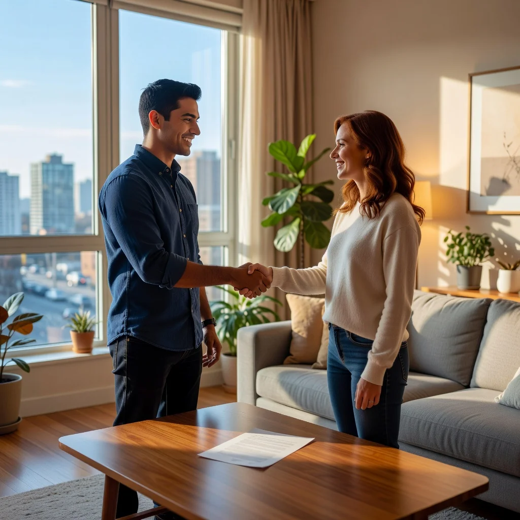 A photorealistic image of two young adult roommates in a modern apartment, smiling and shaking hands over a coffee table with a simple lease agreement in the background, symbolizing a smooth residential lease renewal process. The scene conveys trust, agreement, and comfortable living space without focusing on the document itself.