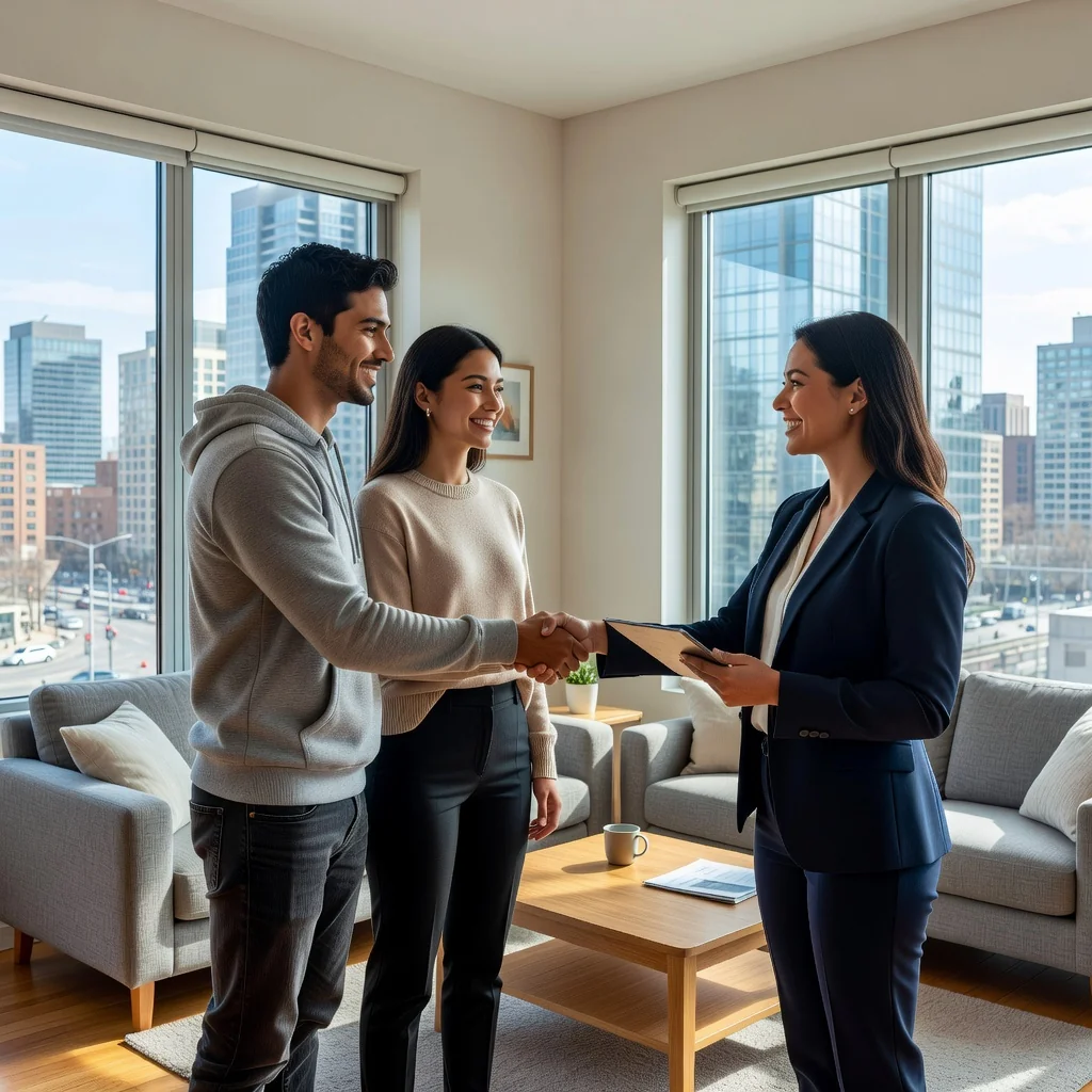 A photorealistic image depicting a young adult couple happily renewing their apartment lease in a modern urban setting, symbolizing the purpose of a residential rental renewal agreement. They are smiling while shaking hands with a real estate agent in a bright, contemporary living room with city views, representing security and continuity in housing.