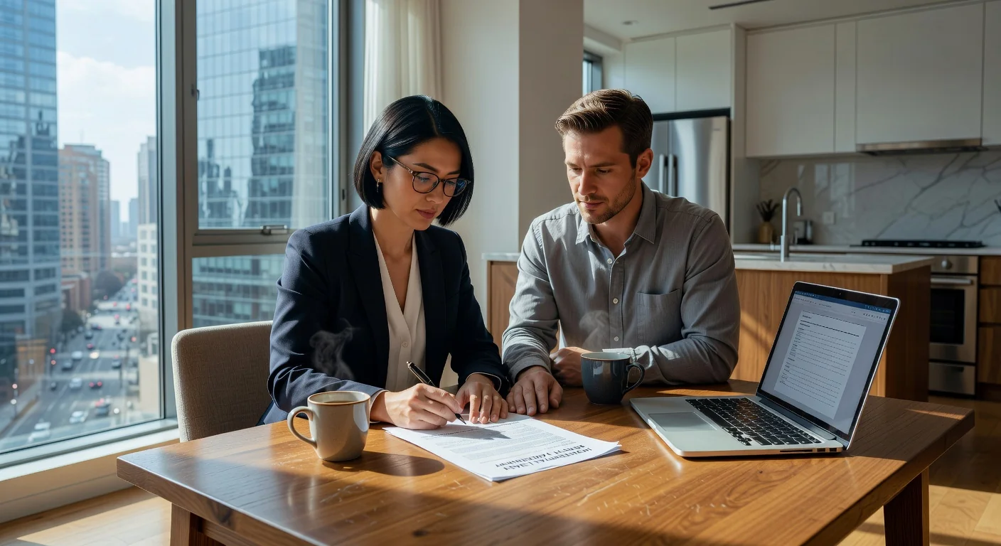 Professional couple signing lease renewal