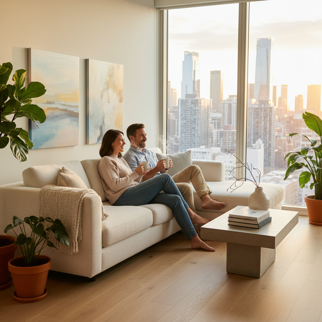 A photorealistic image depicting a happy adult couple relaxing in a modern, cozy living room of their rented apartment, symbolizing the comfort and stability of renewing a residential lease agreement. The scene includes comfortable furniture, warm lighting, and personal touches like plants and bookshelves, conveying a sense of home and long-term residency. No children are present in the image.