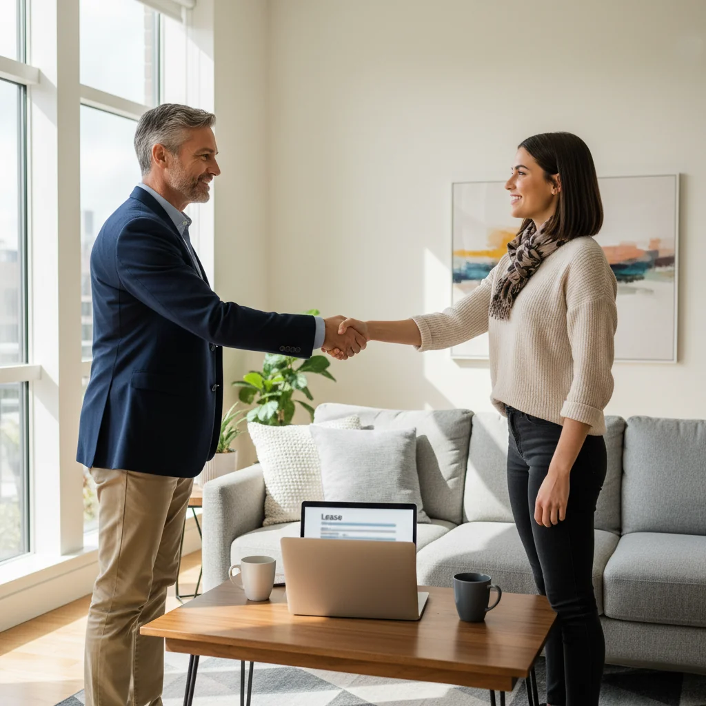 A photorealistic image depicting a professional adult landlord and tenant shaking hands in a modern apartment living room during a lease renewal meeting, symbolizing agreement and mutual obligations in rental housing. The scene conveys trust, negotiation, and stability in tenancy rights, with natural lighting and realistic details. No children are present in the image.