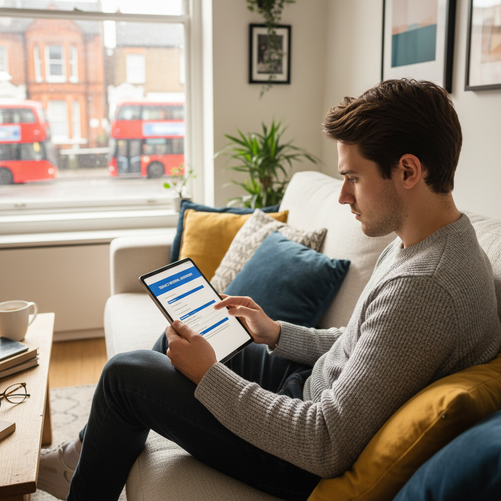 A photorealistic image of a young adult tenant in a modern UK apartment, reviewing a tenancy renewal notice on a tablet while sitting comfortably on a sofa, with subtle UK elements like a window view of London skyline in the background, conveying a sense of understanding and positive change in housing agreement, no children present.