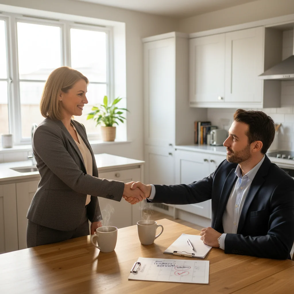 A photorealistic image of a confident adult tenant in their mid-30s, dressed in casual business attire, shaking hands with a professional landlord or estate agent across a modern kitchen table in a well-lit UK apartment. The scene conveys successful negotiation for tenancy renewal, with subtle elements like a calendar showing renewal dates and a cup of tea, emphasizing a positive agreement. No children are present. The image is entirely photorealistic, not a graphic or drawing.
