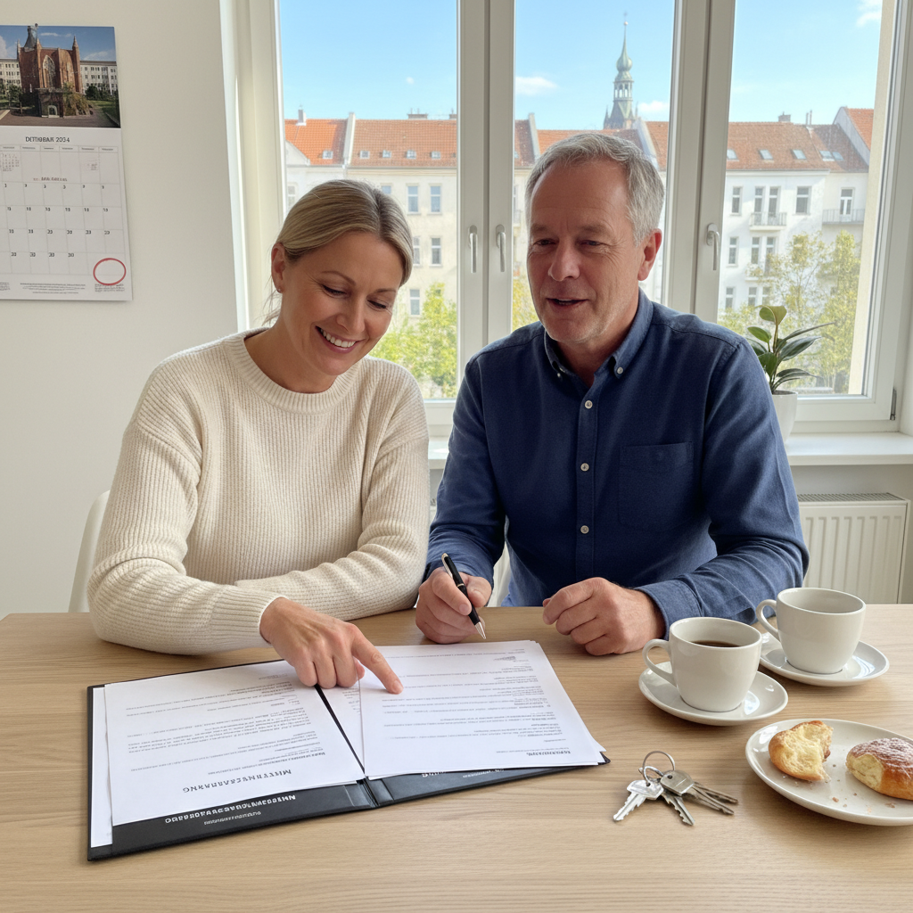 A photorealistic image of a middle-aged German couple in a modern apartment, happily reviewing a lease agreement together at a kitchen table, with subtle elements like a calendar and keys nearby, evoking security and agreement in rental extension, no children present.