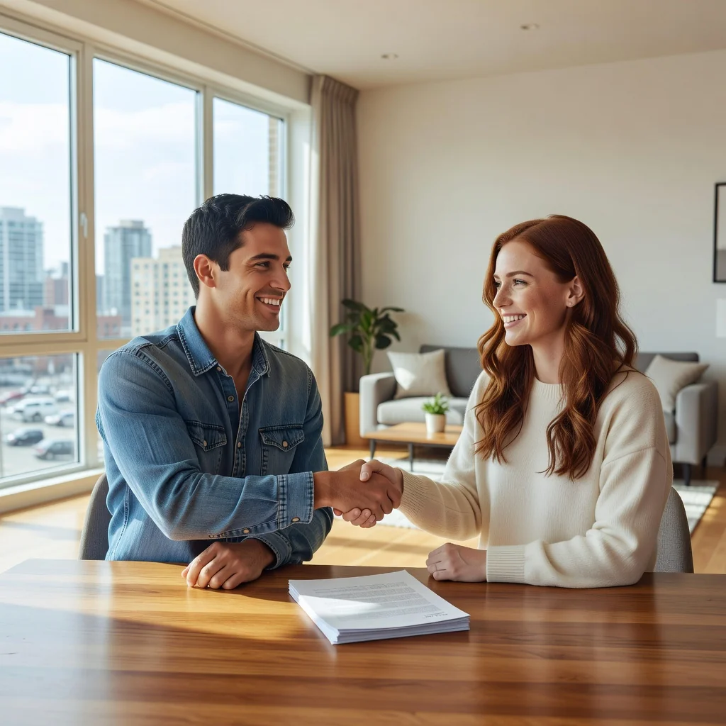 A photorealistic image of two young adult roommates happily shaking hands over a dining table in a modern apartment, with a lease agreement subtly in the background, symbolizing the renewal of a housing rental agreement. The scene conveys trust, agreement, and continuation of comfortable living.