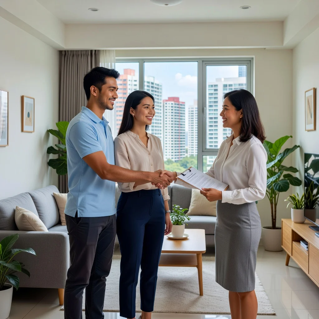 A photorealistic image of a young adult Singaporean couple in a modern, cozy apartment in Singapore, smiling happily as they shake hands with a friendly real estate agent, symbolizing the renewal of their tenancy agreement. The setting includes subtle Singaporean elements like a view of HDB blocks through the window, with warm lighting and a sense of security and continuity in their living space. No children are present in the image.