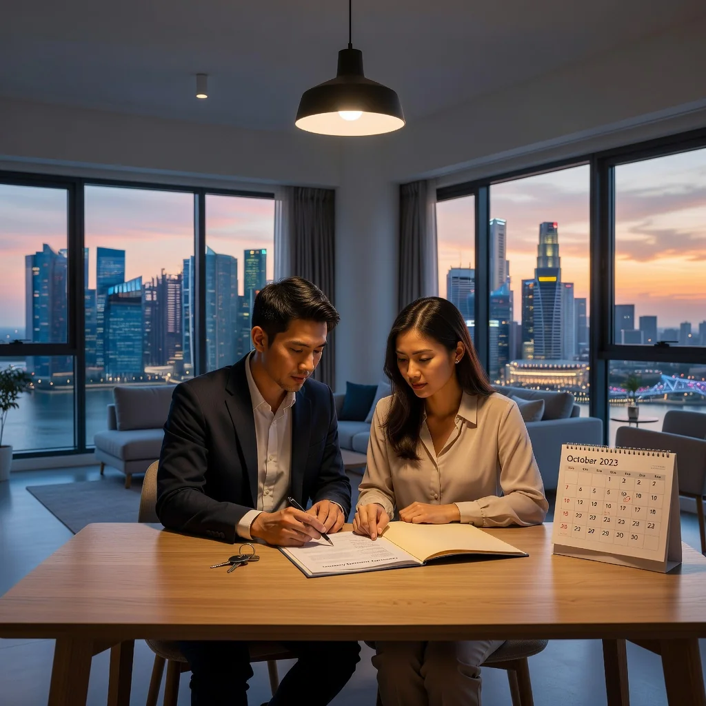 A photorealistic image of a young adult professional couple in a modern Singapore apartment, reviewing a tenancy renewal agreement together at a dining table, with city skyline visible through the window, symbolizing careful decision-making in housing renewal without showing any legal documents closely.
