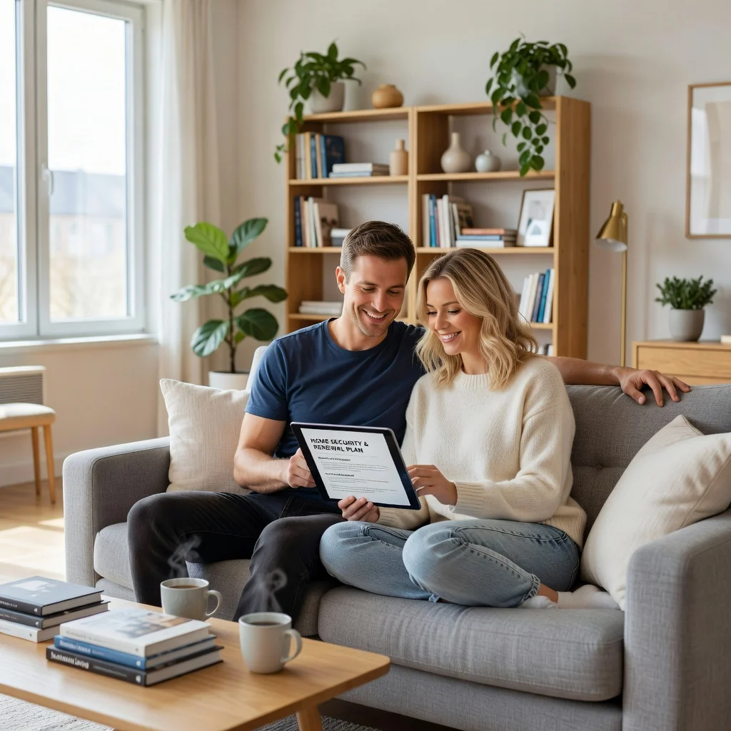 A photorealistic image representing the renewal of a residential lease agreement, showing a happy adult couple in their mid-30s sitting together on a cozy living room sofa in a modern apartment, reviewing paperwork on a tablet, with warm natural light coming through large windows overlooking a cityscape, symbolizing stability and home comfort. No children are present in the image.