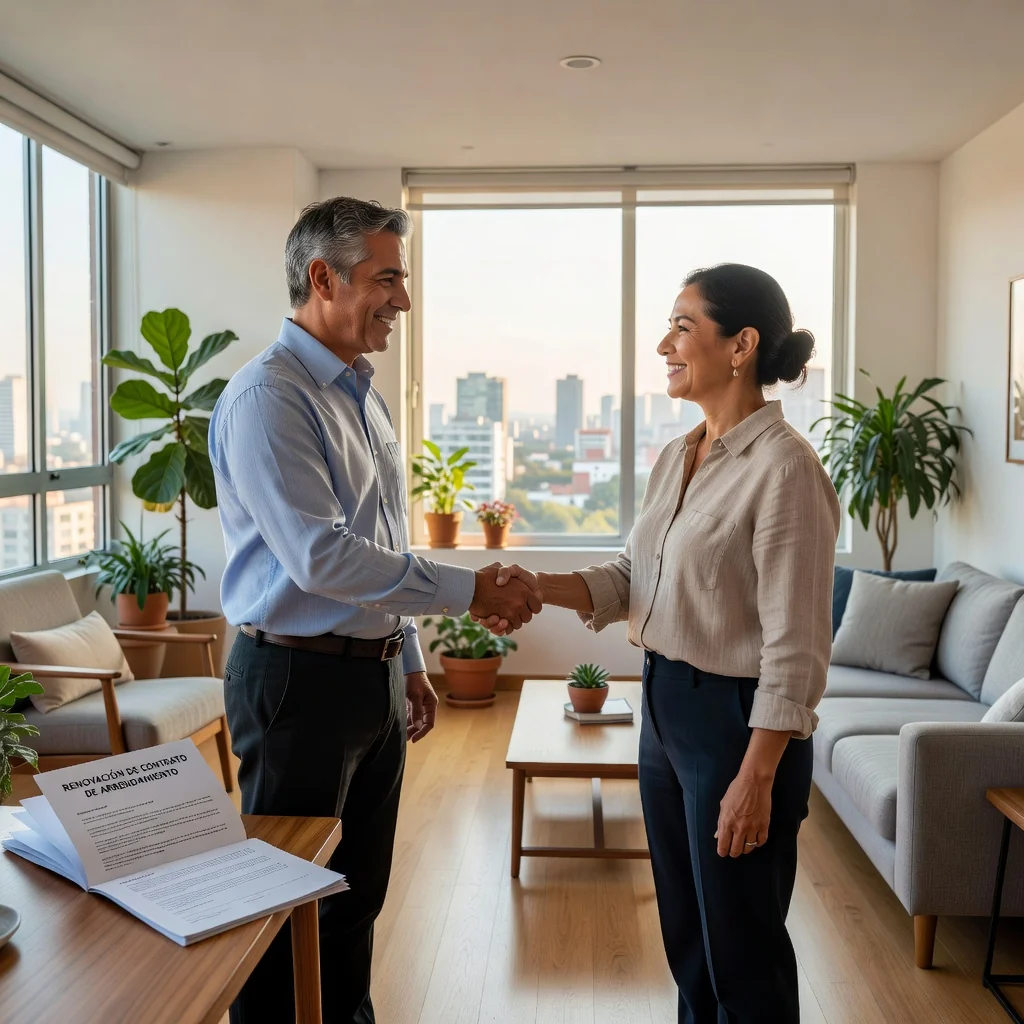 A photorealistic image of two adults shaking hands in a modern Mexican apartment, symbolizing the renewal of a lease agreement, with warm lighting and contemporary decor in the background, conveying trust and agreement without showing any legal documents.