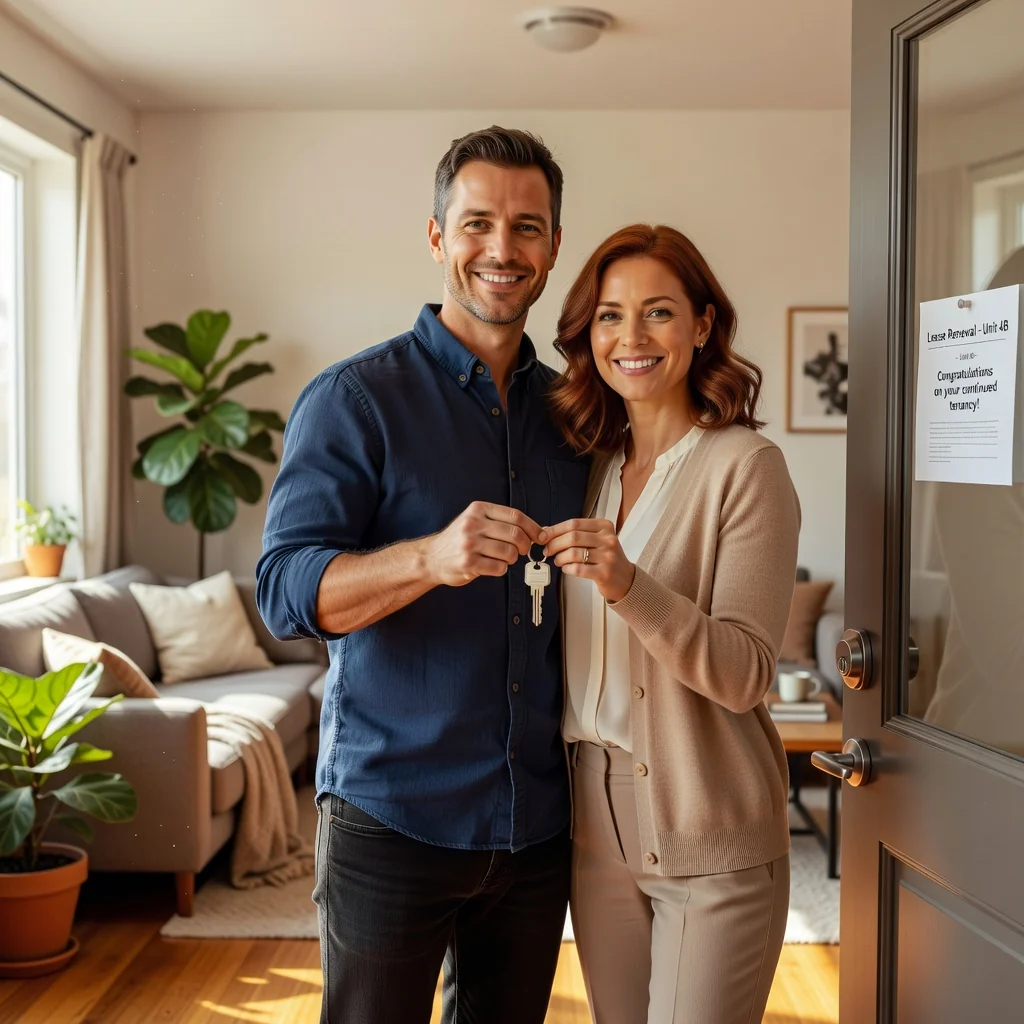A photorealistic image of a smiling adult couple in their mid-30s standing in a modern, sunlit residential apartment, holding keys to their door, symbolizing the renewal and security of a residential lease agreement. The scene conveys stability, homeownership joy, and commitment to their living space, with warm natural lighting and cozy interior details like plants and furniture in the background. No children are present in the image.