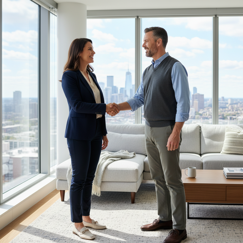A photorealistic image of a confident adult professional, such as a young woman in business attire, standing in a modern apartment living room with a city skyline view through large windows, shaking hands with a smiling landlord figure, symbolizing successful lease negotiation and renewal, no children present, natural lighting, high detail.