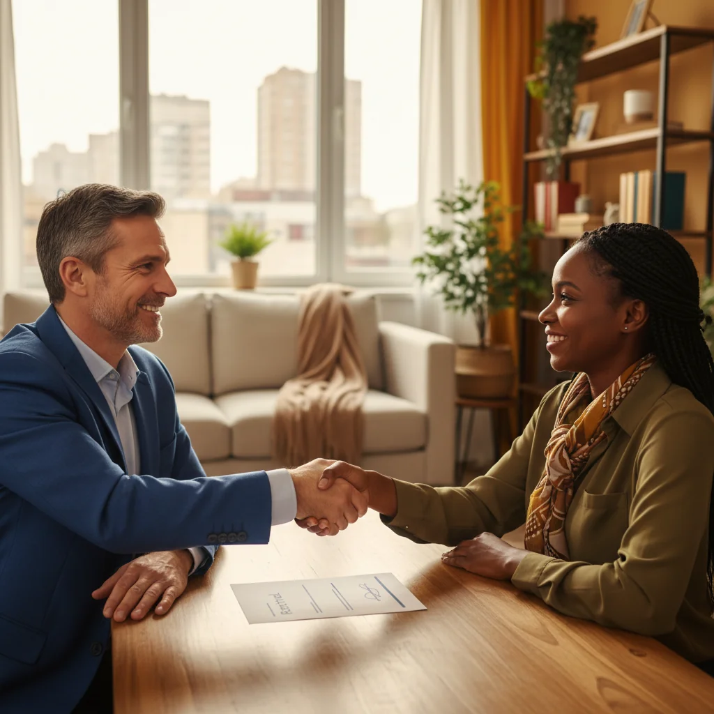 A photorealistic image of two adults shaking hands over a table with a lease agreement in the background, symbolizing the renewal of a rental contract. The scene is set in a modern apartment, focusing on the positive aspects of tenancy extension, with warm lighting and no children present.