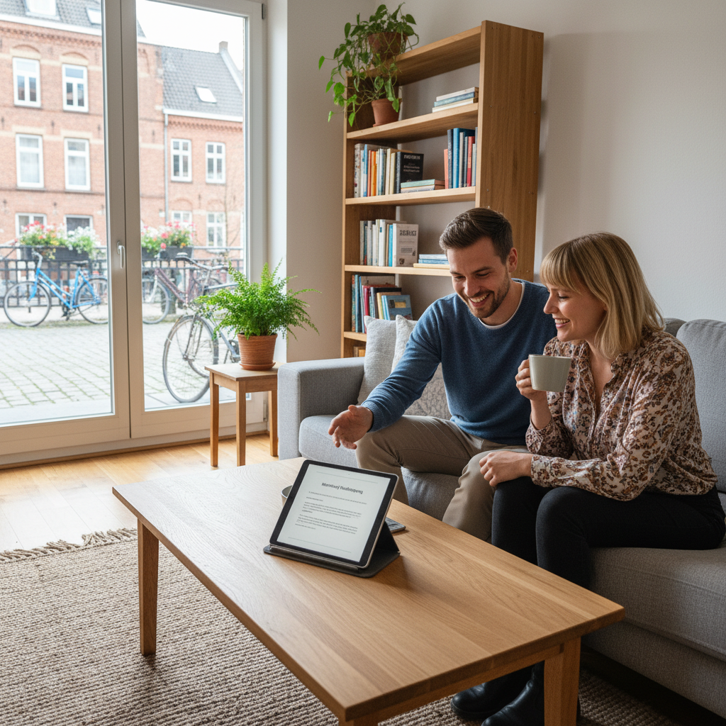 A photorealistic image of a young adult couple in a modern German apartment, happily reviewing a lease renewal agreement on a tablet while standing near a window with a view of a typical urban neighborhood, symbolizing the extension of their rental tenancy without focusing on the document details.