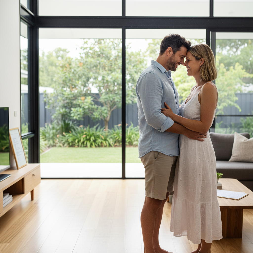 A photorealistic image of a smiling adult couple in their mid-30s standing together in a modern Australian suburban home, holding hands and looking towards a window with a view of a sunny backyard garden, symbolizing the joy of renewing their residential lease and continuing to live in their comfortable home. No children are present in the image.