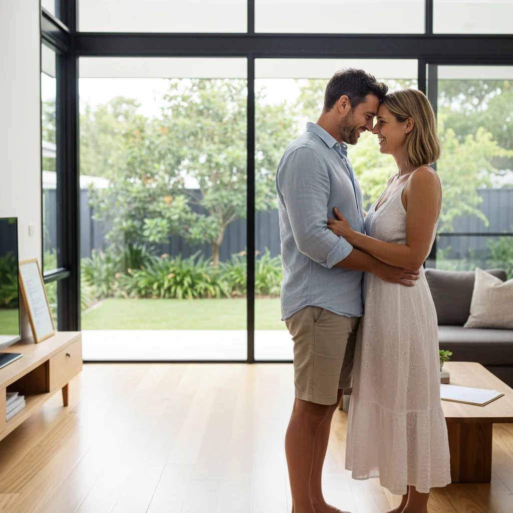 A photorealistic image of a smiling adult couple in their mid-30s standing together in a modern Australian suburban home, holding hands and looking towards a window with a view of a sunny backyard garden, symbolizing the joy of renewing their residential lease and continuing to live in their comfortable home. No children are present in the image.