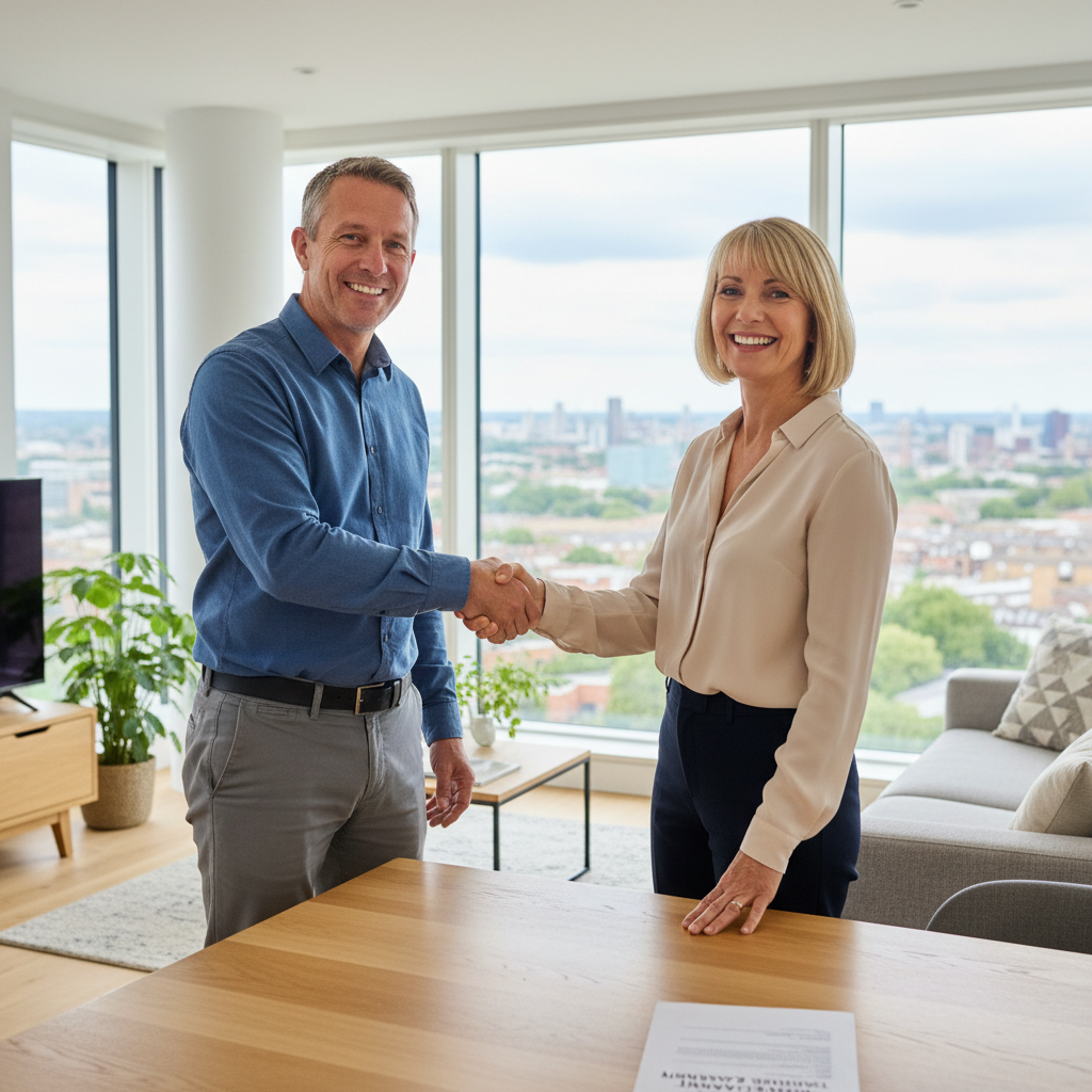 A photorealistic image of two adults shaking hands in a modern UK apartment, symbolizing the agreement and renewal of a tenancy lease, with subtle background elements like a lease agreement on a table but not the focus, conveying trust and security in housing.