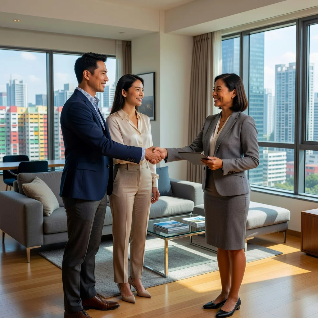 A photorealistic image depicting a professional adult couple in their mid-30s shaking hands with a real estate agent in a modern Singaporean apartment, symbolizing the successful renewal of a tenancy agreement. The scene shows them smiling and standing in a well-lit living room with subtle Singaporean elements like a view of high-rise buildings in the background, emphasizing security and continuity in housing.