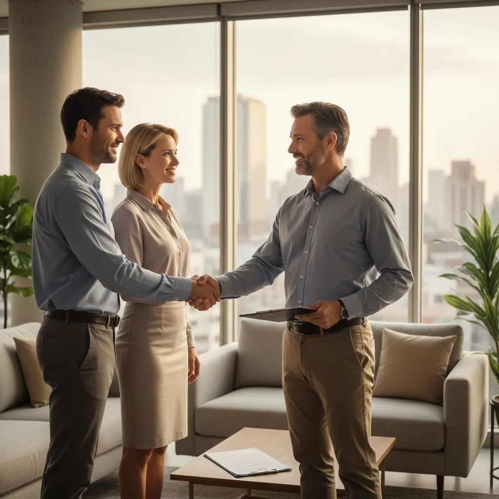 A photorealistic image of a happy adult couple in their mid-30s shaking hands with a professional real estate agent in a modern, well-lit apartment living room, symbolizing the successful renewal of a residential lease agreement. The room features contemporary furniture, large windows with city views, and subtle real estate elements like a lease form on a table in the background, but no focus on the document itself. No children are present in the image.